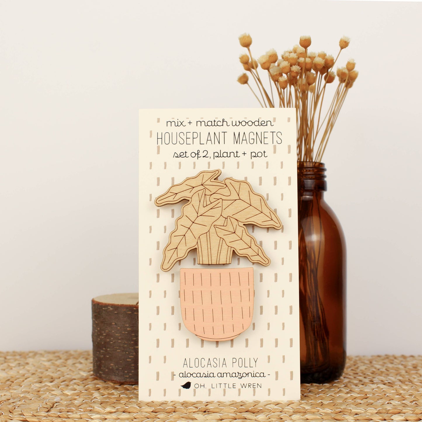 alocasia polly wooden houseplants pair of magnets