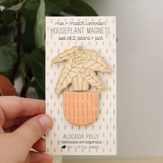 alocasia polly wooden houseplants pair of magnets